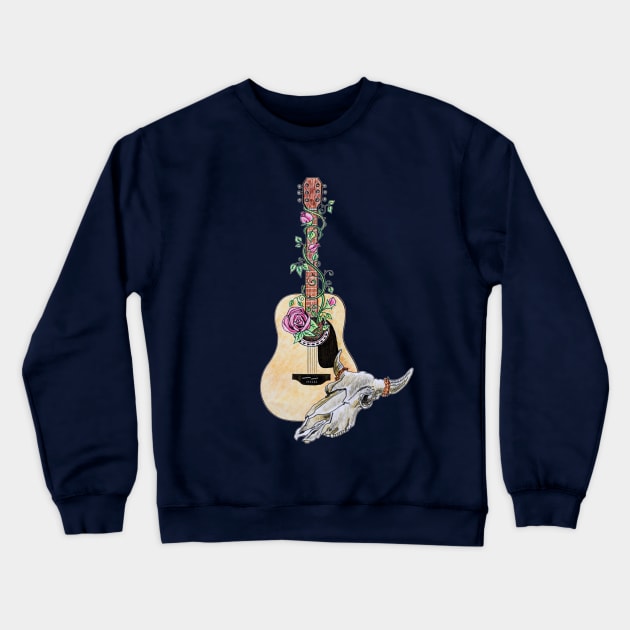 Western Guitar Rose Vine and Steer Skull Graphic Crewneck Sweatshirt by NaturalDesign